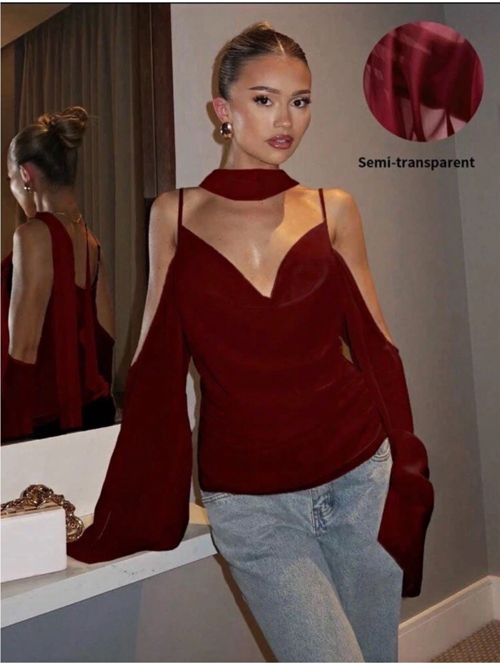 Glamine Women's Burgundy Summer Chiffon Camisole Cold Shoulder Long Sleeve Top
